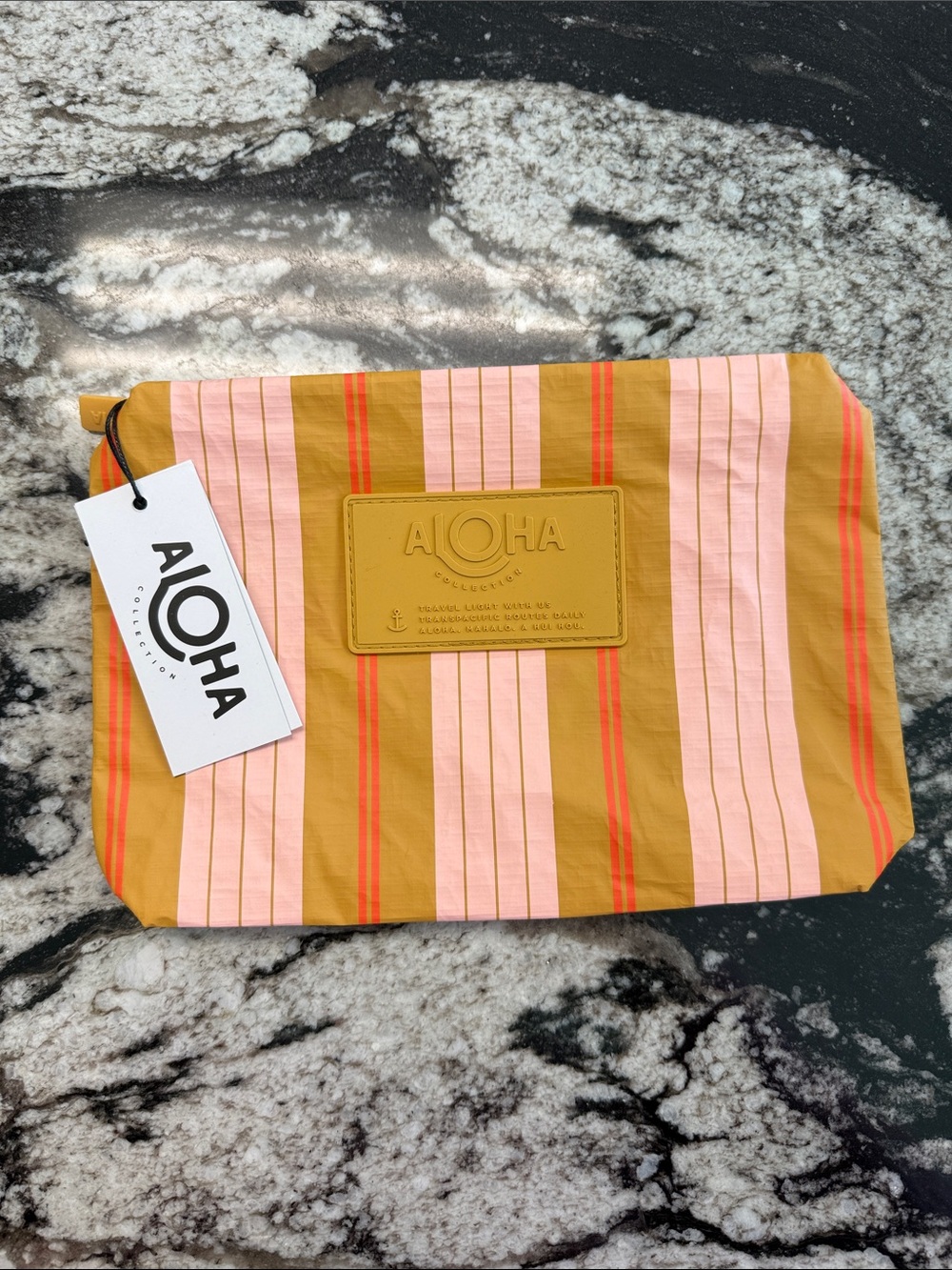 ALOHA Collection Small Pink & Mustard Striped Cosmetic Pouch